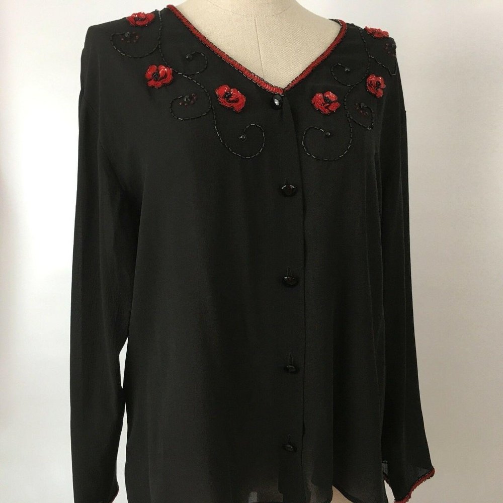 Carole Little Womens Silk Top Black Size 4 Blouse Red Semi Sheer Flower Bead VTG